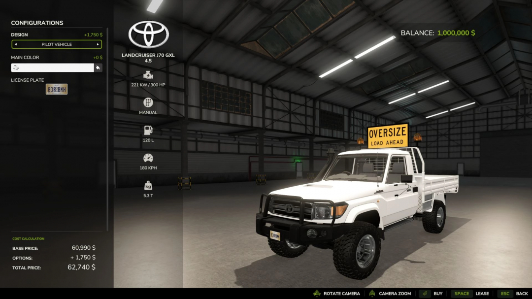 FS25 mod Toyota Landcruiser J70 GXL in garage with 'Oversize Load' sign, showing configurations and price.