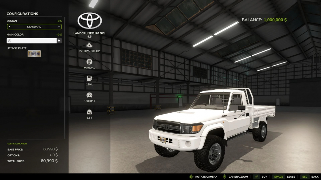 FS25 mods: Toyota Landcruiser J70 GXL v1.0.0.0 in-game configuration screen showing specs and design options.