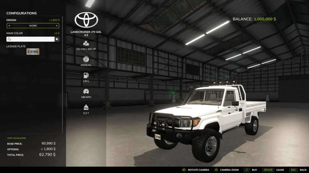 Toyota Landcruiser J70 GXL mod in FS25, showcasing vehicle settings and pricing in a virtual garage.