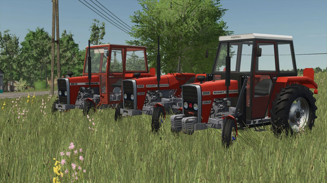 FS25 mods: Ursus (MF) 255/3512 tractors in a grassy field, showcasing bright red design in Farming Simulator 25.