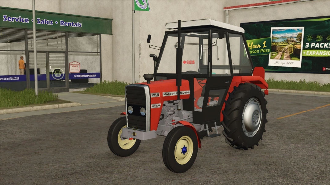 FS25 mod Ursus (MF) 255/3512 Pack tractor parked near sales center. Farming Simulator 25 mods showcased.