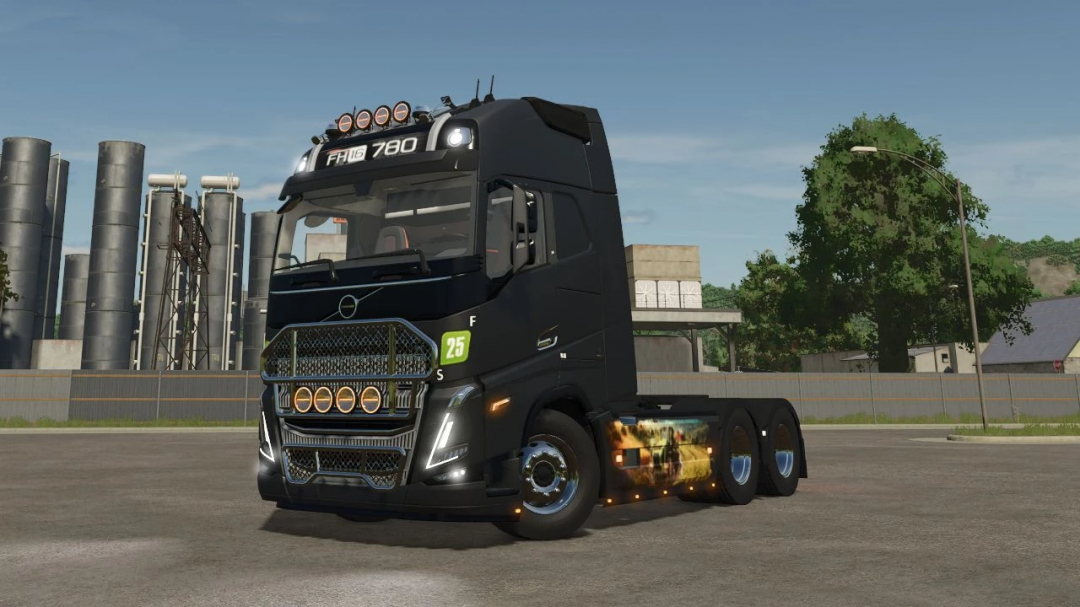 Volvo FH16 Edit v1.0.0.1 mod for FS25, showcasing a customized black truck with detailed decals in Farming Simulator 25.