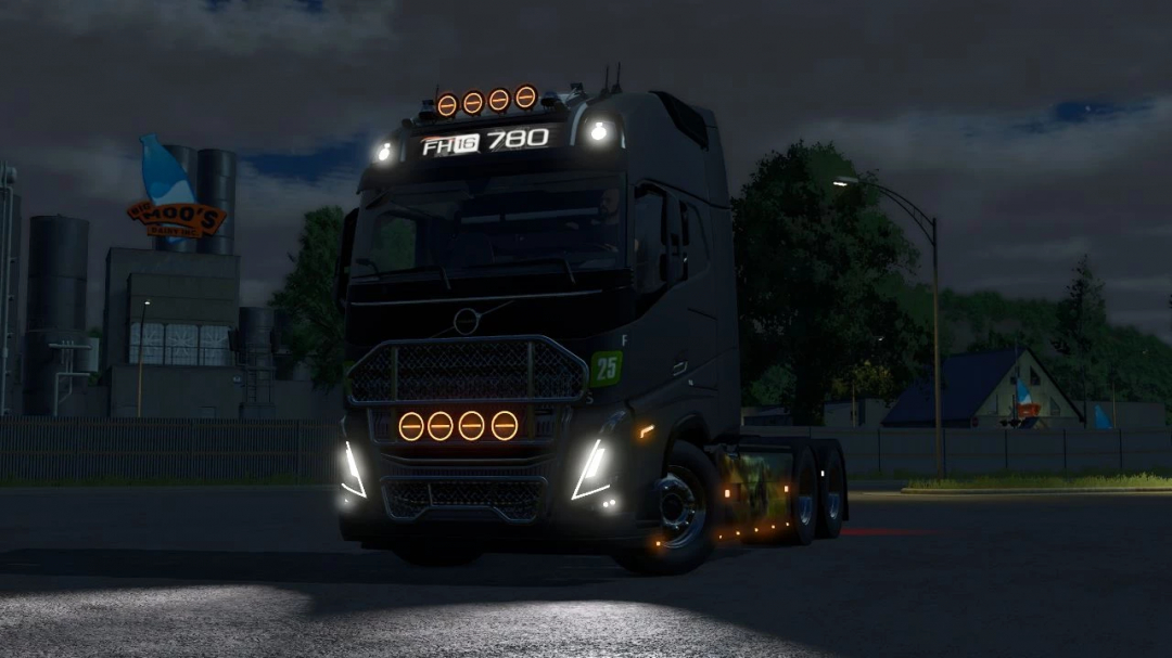 Volvo FH16 Edit mod in FS25 featuring illuminated truck at night.