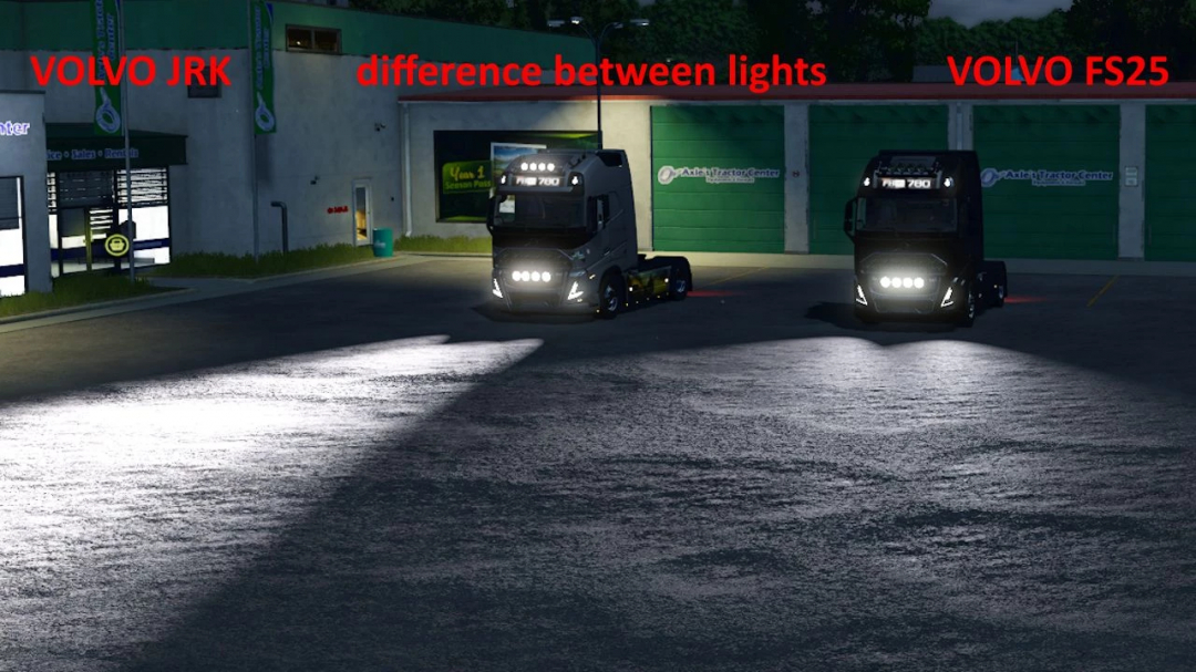 Two Volvo FH16 trucks in FS25 showcasing lighting differences at night.