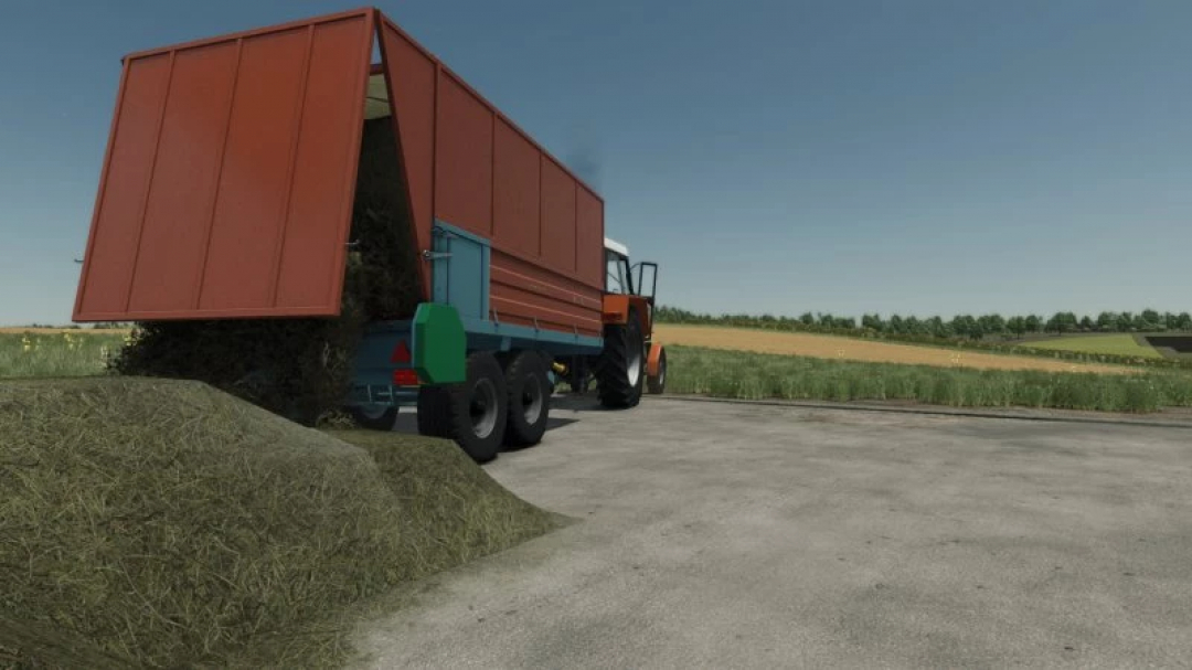 FS25 mod Warfama N218 v1.0.0.0 trailer unloading grass on farm road.