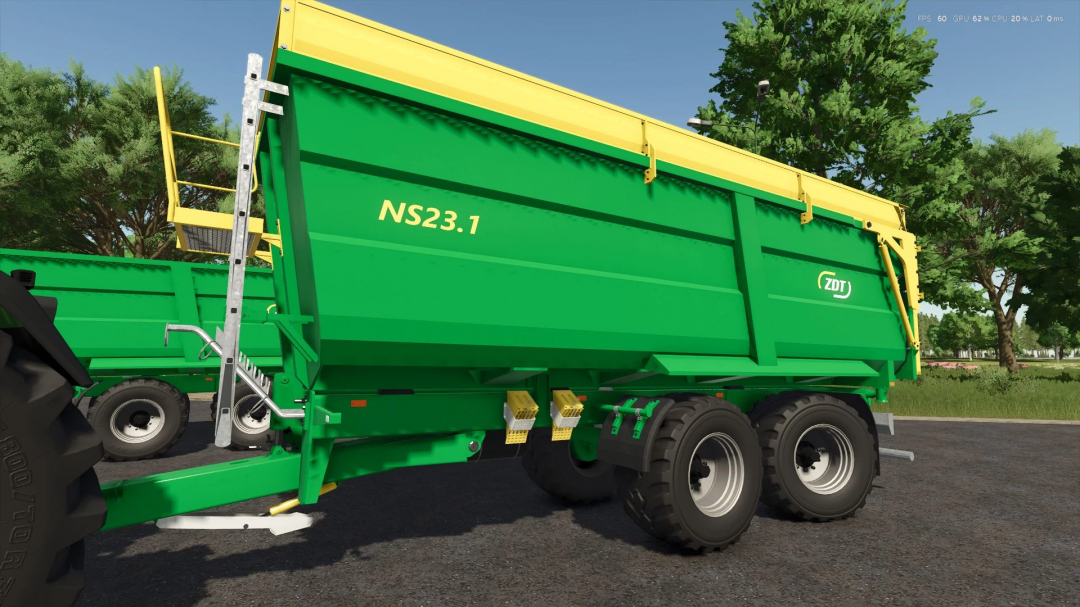 FS25 ZDT ns23.1 trailer mod v1.0.0.0 with green and yellow design showcased in Farming Simulator 25.