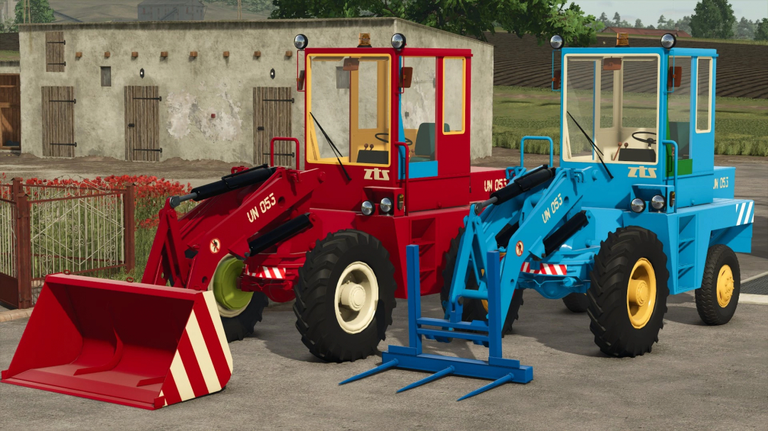 Two ZTS UN 053 wheel loaders in red and blue from FS25 mods, Farming Simulator 25.