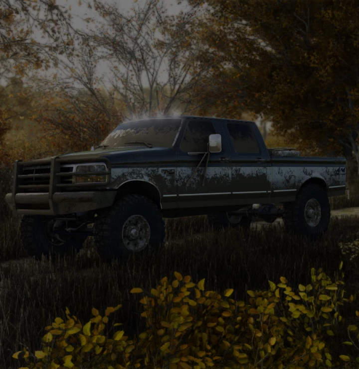 fs25-mods,  1997 FORD F250 mod in FS25, shown in a wooded area with autumn leaves, enhancing the Farming Simulator 25 experience.