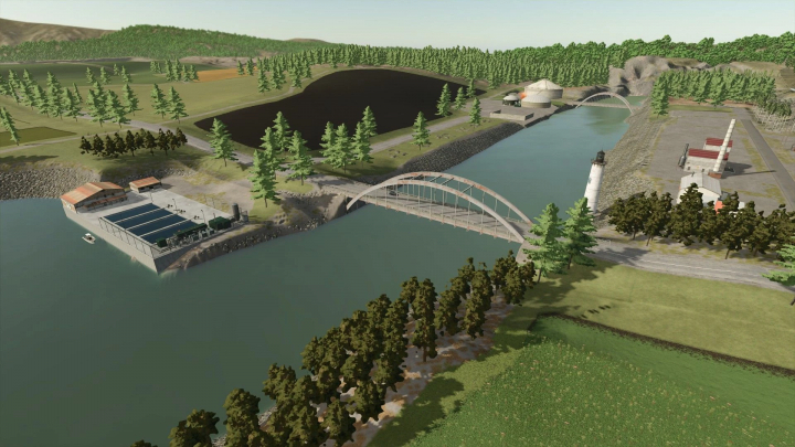 fs25-mods,  Aerial view of Across The Ditch mod for FS25, featuring bridges, water, and industrial buildings set in a lush, forested landscape.