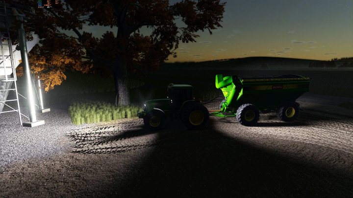 fs25-mods,  Night scene in FS25 with Ascanelli Magnum 22tn mod, a tractor and trailer illuminated by headlights on a farm.