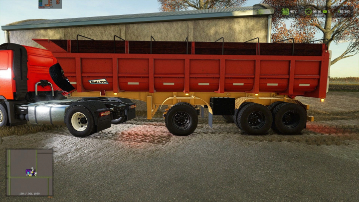 fs25-mods, FS25 mod Batea Salto v1.0.0.0 showing a red trailer attached to a truck, set in a farm environment.