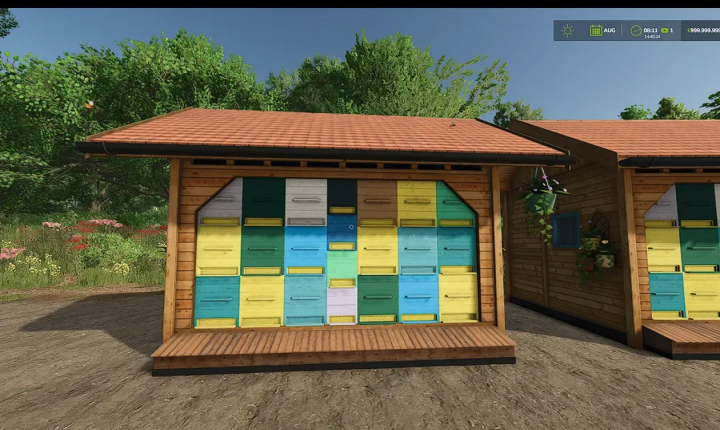 fs25-mods, Colorful bee house with pallet spawner in FS25 mod, set in a lush green environment.