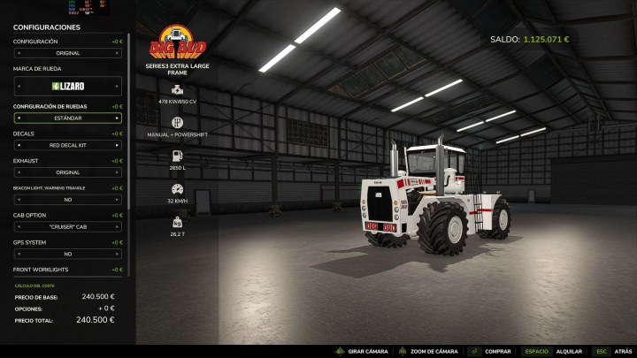 fs25-mods, FS25 mod BigBud S3 in garage with configuration menu displayed.