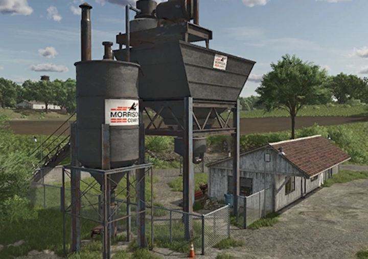 fs25-mods, Cement Factory Fixed v3.0.0.0 mod for FS25 featuring an industrial building with silos and a small facility.