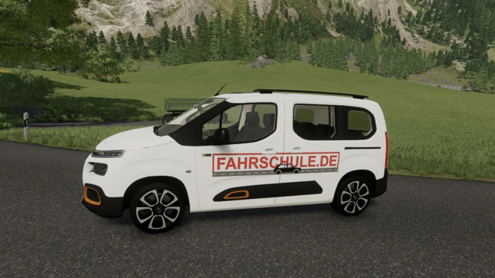 fs22-mods,  FS22 Driving school car mod v1.0.0.0, white vehicle with 'Fahrschule.de' logo on the side, set in a rural landscape.