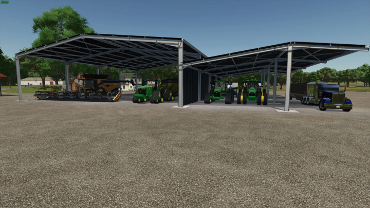 fs25-mods, FS25 Easy Sheds Edit mod showing parked machinery and trucks under large sheds.