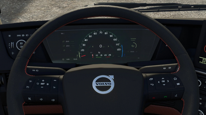 fs25-mods, FS25 mods: Interior of a Volvo truck showing the dashboard with speedometer and controls, using the Extended Outdoor Camera Zoom mod.