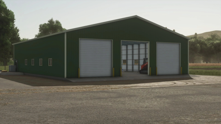 fs25-mods,  FS25 3 Bay Shop v1.0.0.0 mod showing a green garage with open bays in Farming Simulator 25.