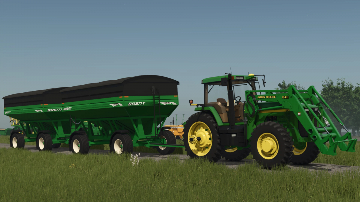 fs25-mods,  FS25 Brent 644 Gravity Wagon mod with green tractor towing two wagons in Farming Simulator 25.