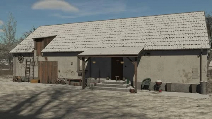 fs25-mods,  FS25 Polish Home mod showcasing a rustic farmhouse with a snow-covered roof in Farming Simulator 25.