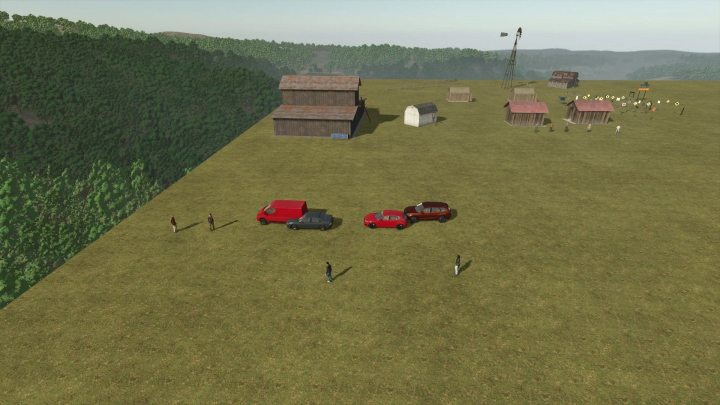 fs25-mods,  FS25 Sample Mod Map v1.0.0.0, showcasing vehicles and structures on a large open field with forests in Farming Simulator 25.