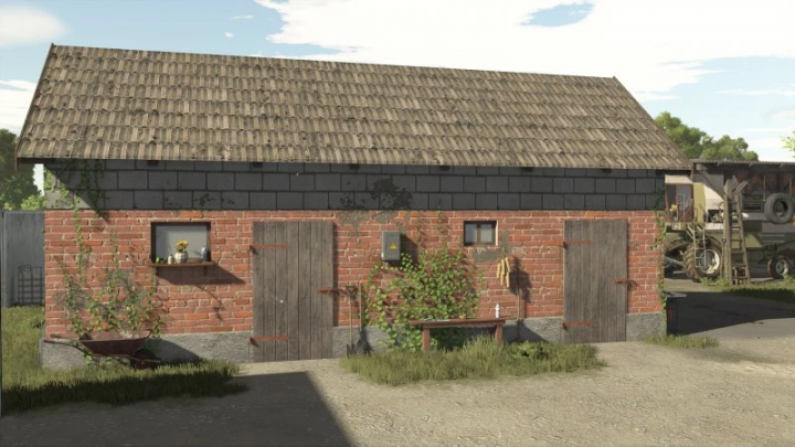 fs25-mods,  FS25 Shed mod v1.0.0.0 featuring a rustic brick shed with wooden doors and a pitched roof, part of the Farming Simulator 25 mods.