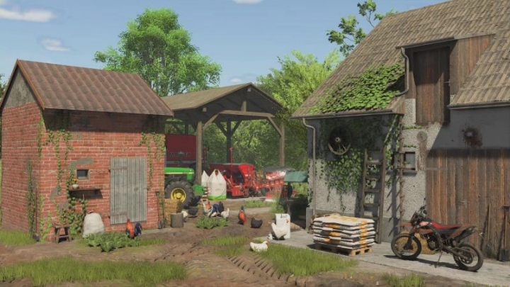 fs25-mods,  View of FS25 Small Chicken Coop mod, featuring a rustic farm setting with chickens, a barn, and farm equipment in Farming Simulator 25.