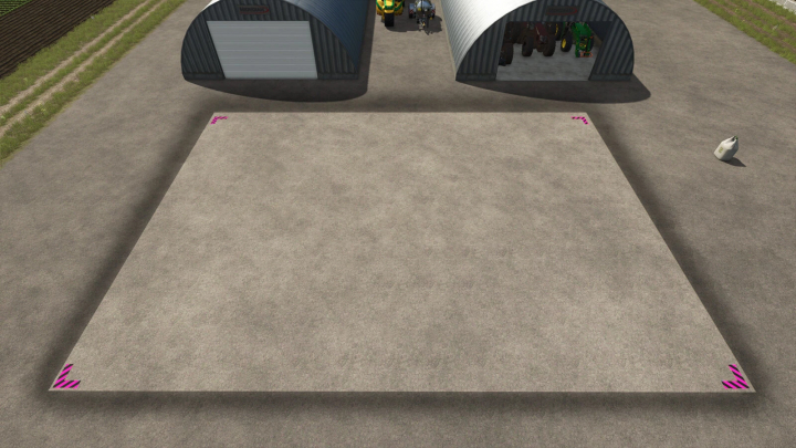 fs25-mods, FS25 Store Deliveries mod features a concrete delivery area with pink markers next to two storage sheds in Farming Simulator 25.