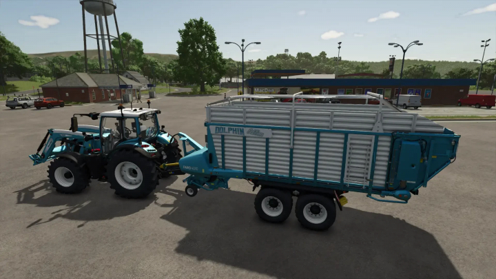 fs25-mods,  Faro 4010D Dolphin Edition mod for FS25, showing a blue tractor towing a trailer in a parking lot.