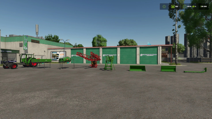 fs25-mods,  FS25 Fendt F255GT Pack v1.0.0.0 featuring various farming equipment on display in a garage setting.