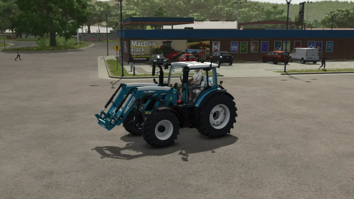 fs25-mods,  Fendt Vario 500 Dolphin Edition mod in FS25 near a store parking lot.