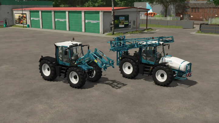 fs25-mods, Fendt Xylon v1.0.0.0 mod for FS25 showing two tractors with attachments in a garage setting.