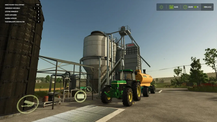 fs25-mods, FS25 mod Fermenter v1.1.0.25 featuring a fermenting silo with a tractor and trailer in a farm setting.