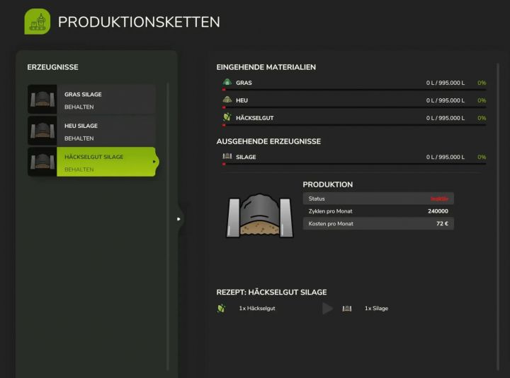 fs25-mods,  FS25 mod Fermenting Silo v1.0.0.0 interface showing grass, hay, chaff silage production processes and their status.