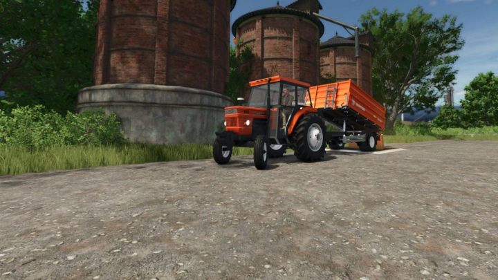 fs25-mods,  FS25 mod Fiat 480/640 Kabinli tractor with trailer in a farm setting.