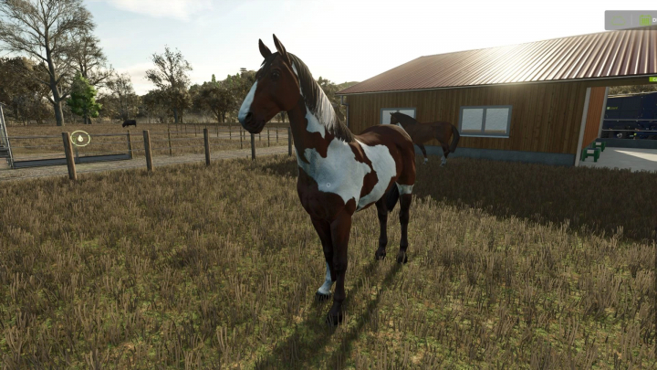 fs25-mods,  FS25 mod Happy Horse v1.0.0.0 shows a brown and white horse in a farm setting.