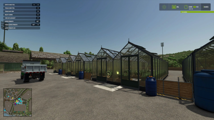 fs25-mods, FS25 mods Hemp Production System greenhouses with a truck nearby, showcasing Farming Simulator 25 mod features.