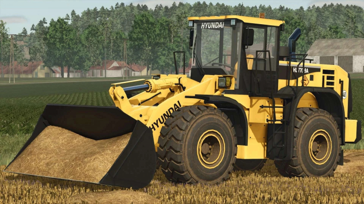 fs25-mods, Hyundai HL770-9A loader mod for FS25, showcasing a yellow front loader carrying hay in Farming Simulator 25.