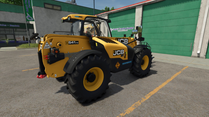 fs25-mods, JCB 547 mod for FS25 parked outside a tractor center. Farming Simulator 25 mods showcase detailed vehicle textures.