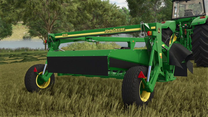 fs25-mods,  John Deere 1365 Mower mod in FS25 game setting, displaying detailed design and lush landscape.