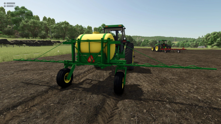 fs25-mods,  John Deere 250 Sprayer mod in FS25 game, showcasing a green and yellow sprayer in a farm field.