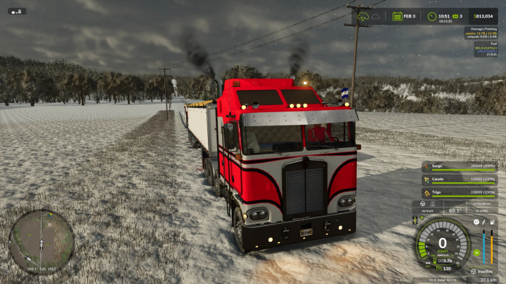 fs25-mods,  Kenworth K100 CabOver truck mod in FS25, driving through a snowy field with gauges displayed.