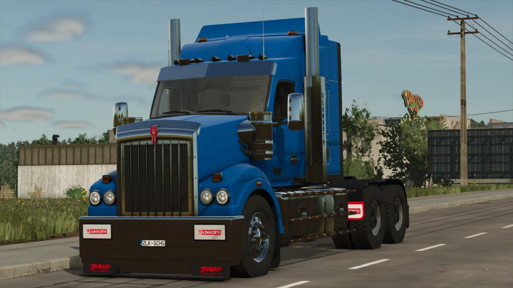 fs25-mods,  Kenworth T610 SAR truck mod in Farming Simulator 25, featuring a blue design with dual exhaust stacks.