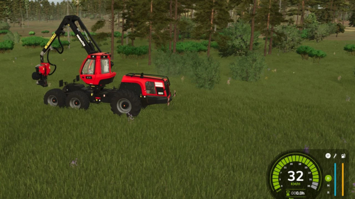 fs25-mods, FS25 Komatsu 951 Edit v1.0.0.0 mod features a red forestry vehicle in a grassy field.