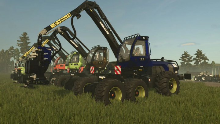 fs25-mods,  Komatsu 951 Edit v1.0.0.1 mod in FS25 featuring multiple forestry machines in a field.