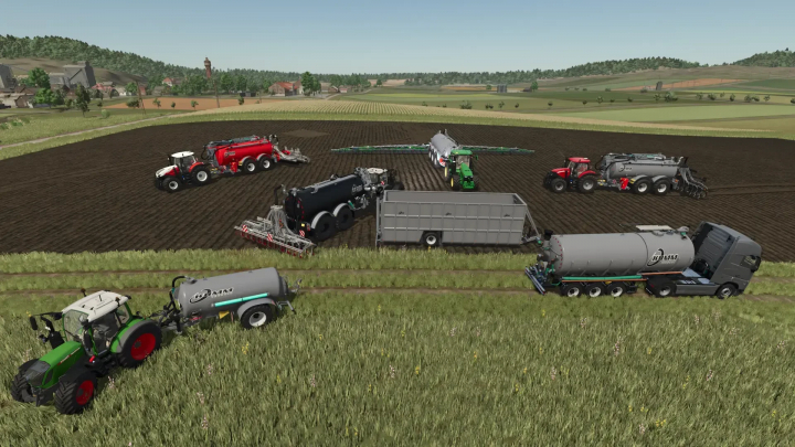 fs25-mods, FS25 Kumm Technik Pack v1.0.0.0 showcasing various farming machinery on a field.