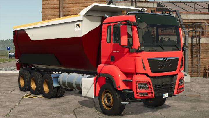 fs25-mods,  MAN TGS Dumper Truck v1.0.0.0 mod for FS25, featuring a red body and multiple axles, parked by a brick building.