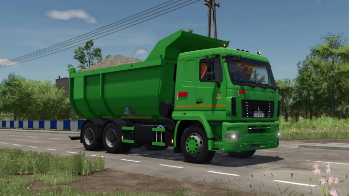 fs25-mods,  Green MAZ-6501 20m3 truck mod in FS25, parked on a road.