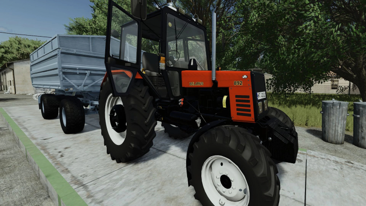 fs25-mods,  FS25 mod MTZ 892 v1.0.0.1 showcasing a red tractor with a trailer parked on a concrete path.