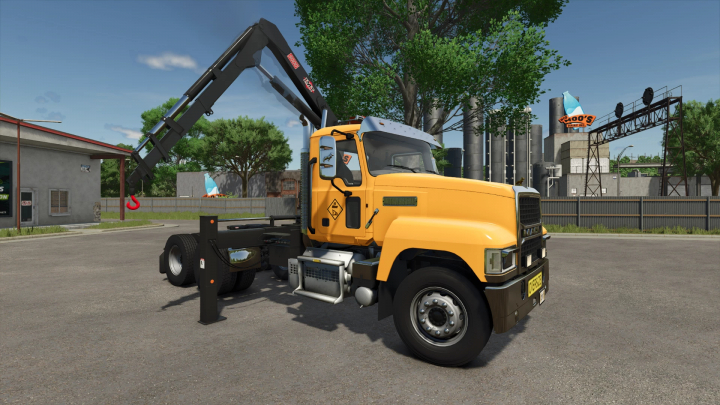 fs25-mods,  Mack Pack v1.0.0.0 mod for FS25 featuring a yellow truck with crane in Farming Simulator 25.